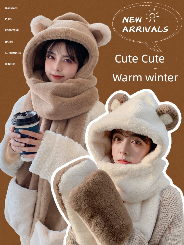 winter Bear Hat female lovely Plush keep warm scarf