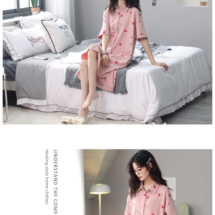 ancient and modern @ Nightdress summer female pajamas Summer style pure cotton Short sleeve Cardigan Dress Spring and summer ma'am Cotton leisure wear