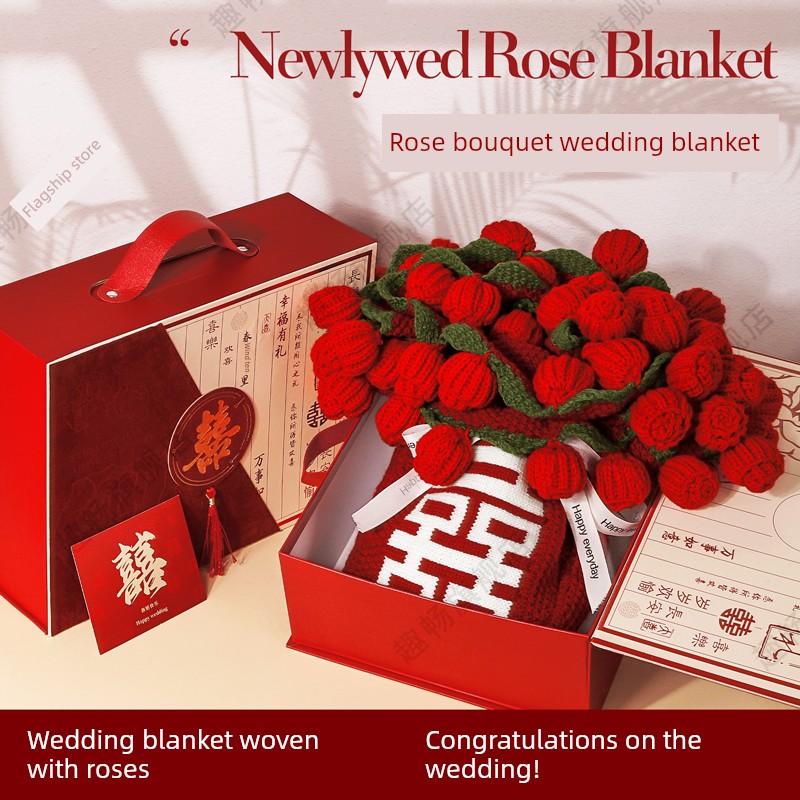 Wedding Gift: Hundred Happiness Blanket with Red Rose Bouquet, Blanket for Newlyweds, Bride, or Best Friend, High-End Practical Gift for Engagement and Newlyweds
