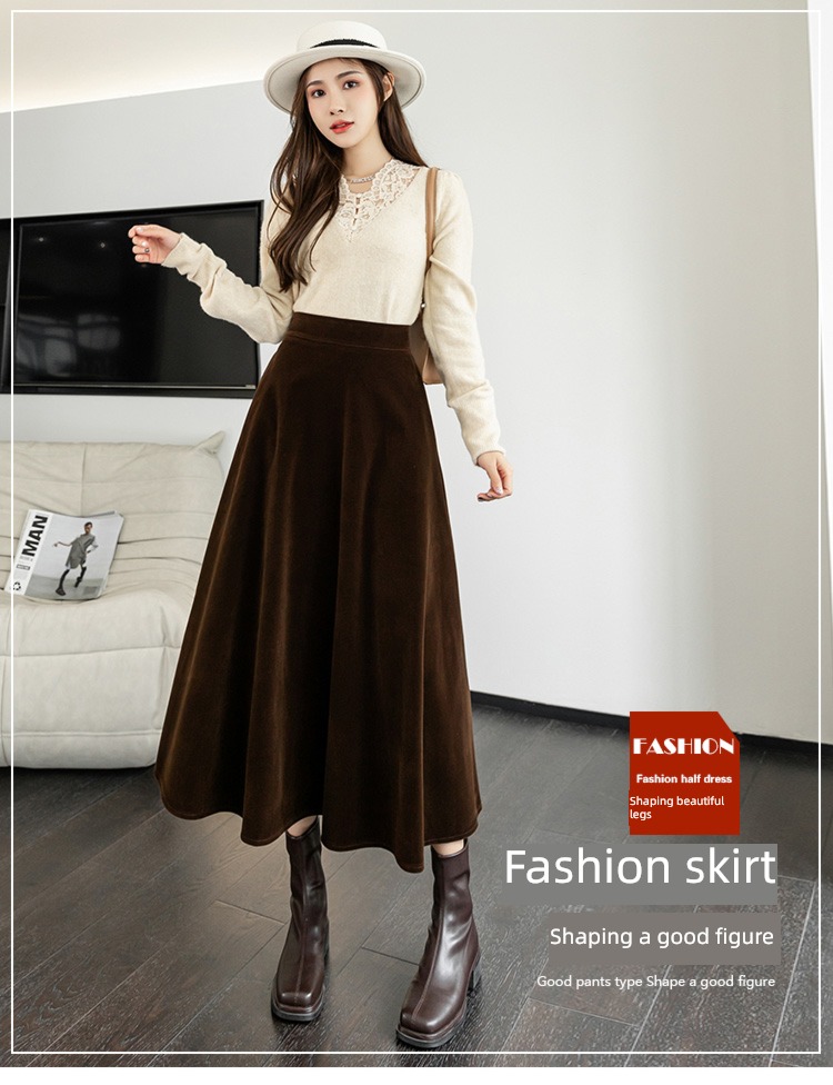 Coffee Autumn and winter Velvet Medium and long term High waist skirt