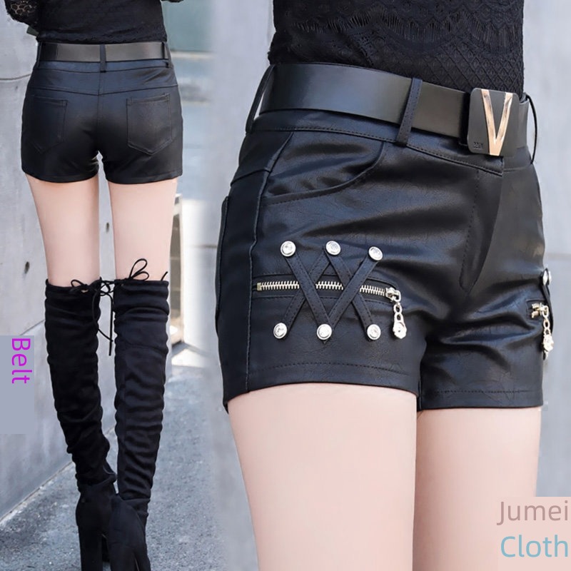 Wear out Tight fitting Inlaid diamond Women winter Pew Leather shorts