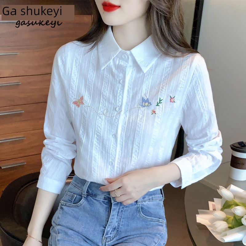 Foreign style Cotton Embroidery Long sleeve Early autumn white shirt