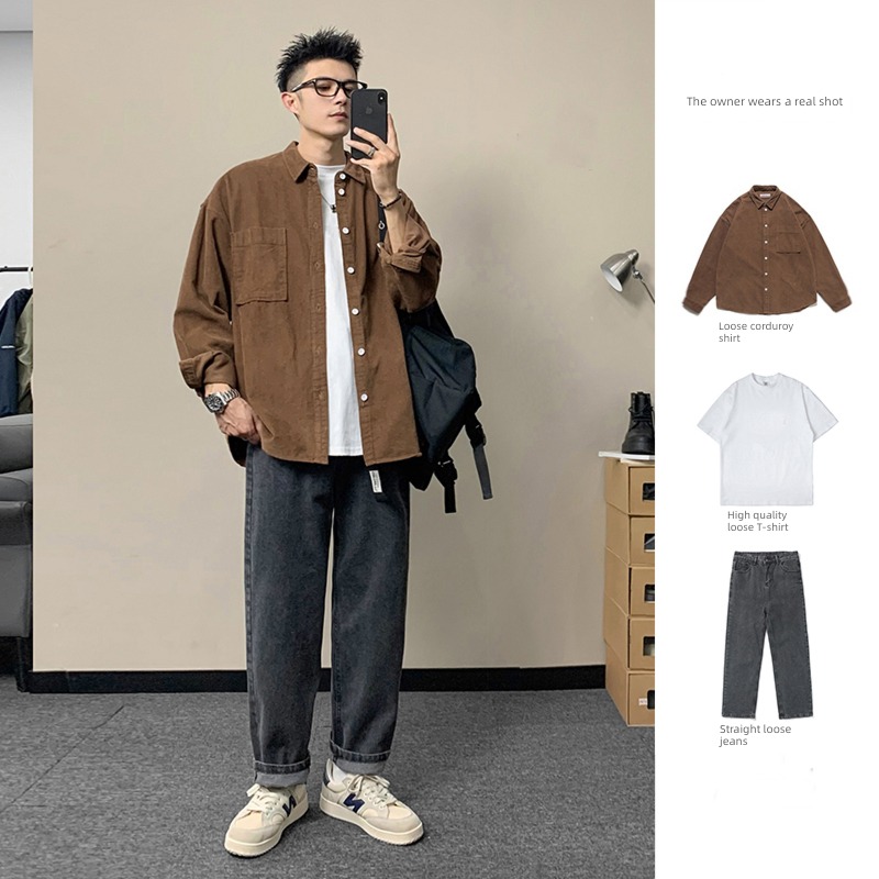 corduroy Korean version a set collocation solar system Long sleeve shirt