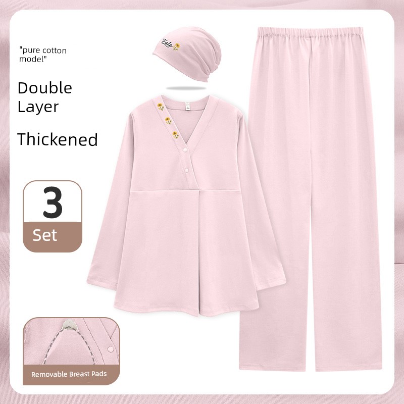 Maternity Pajamas with Breast Pads, Pure Cotton, Sweat-Absorbent, Autumn and Winter Style, Nursing Maternity Sleepwear, Summer Thin Style, Postpartum — 1
