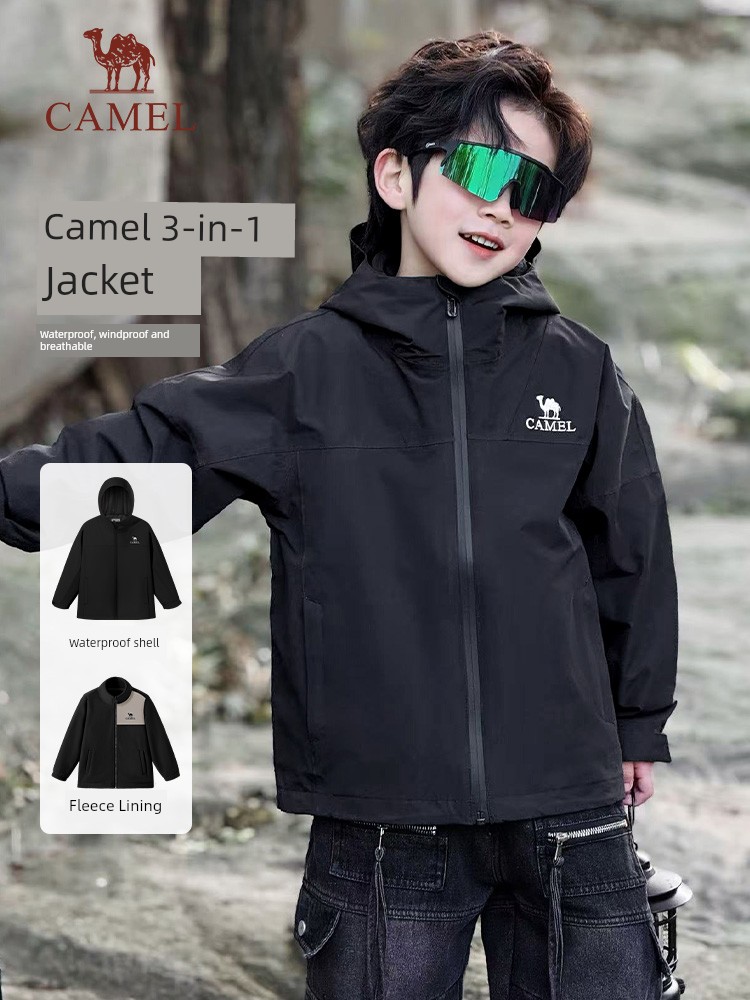 Camel Brand Children's 3-in-1 Windproof and Waterproof Mountaineering Jacket for Older Children, Parent-Child Matching Outfit, Girls' and Boys' 3-in-1 Protective Jacket