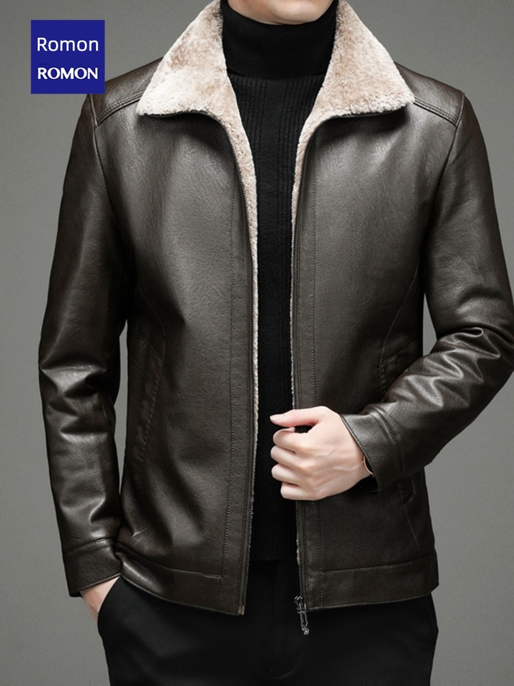 Romon business affairs Flannel collar Jacket loose coat man leather clothing
