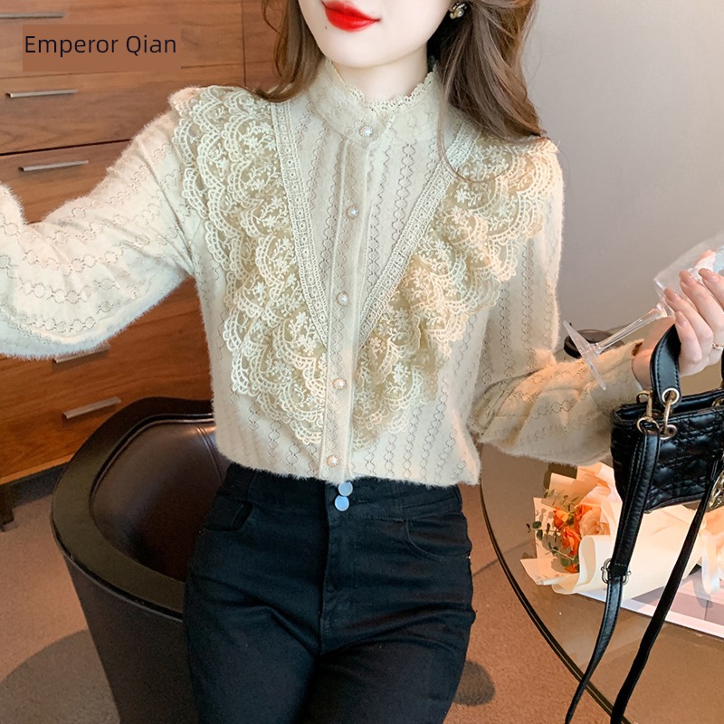 fashion Plush Lace Undershirt female Autumn and winter clothes 2022 winter new pattern Lotus leaf collar Foreign style Inner lap Small shirt jacket