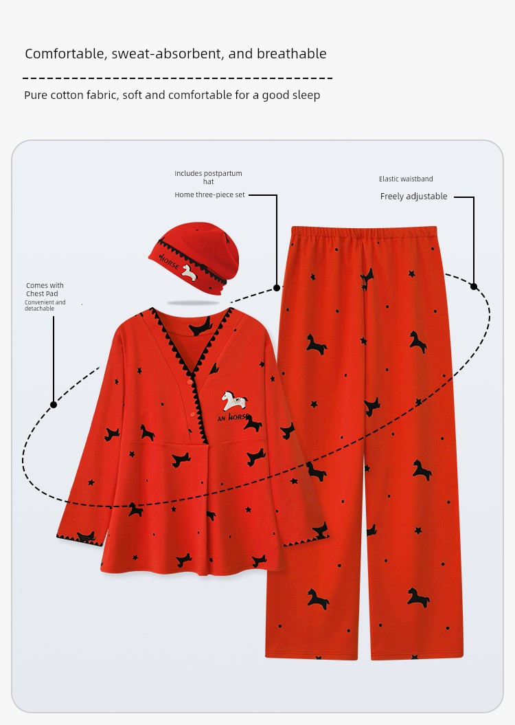 Free Hat with Purchase: Autumn and Winter Pure Cotton Postpartum Clothing, October Postpartum Maternity Nursing Pajama Set, Spring and Autumn Maternity — 12