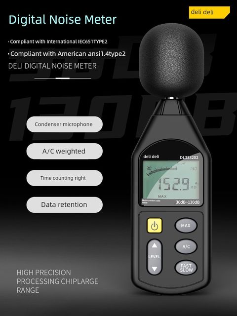 Deli noise meter detection decibel instrument noise tester sound instrument sound level meter measuring instrument volume measurement household use