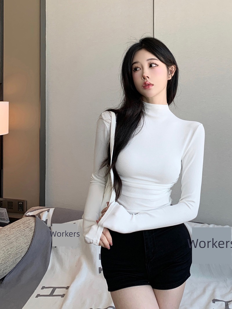 Korean version Versatile Half high collar Long sleeve Undershirt T-shirt female have cash less than that is registered in the accounts Pleating Self-cultivation Inner lap desire Pure wind hottie jacket