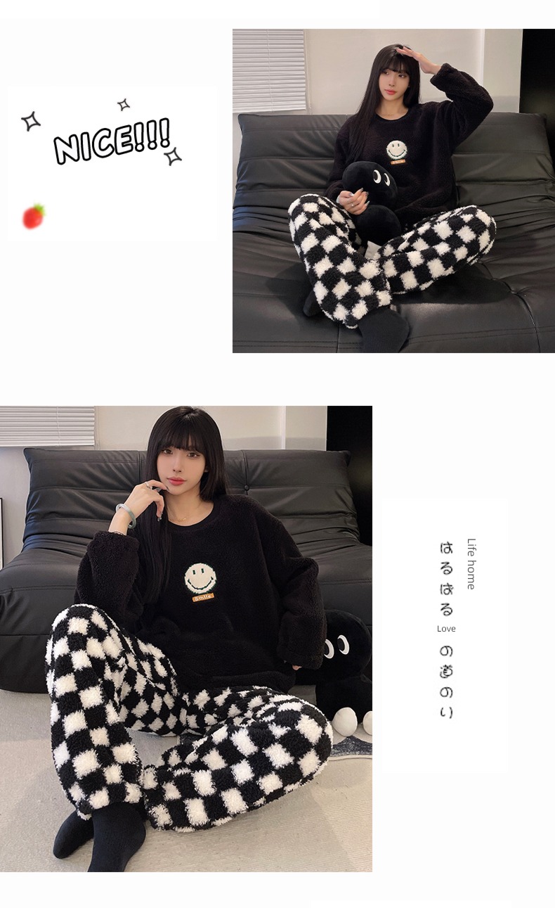 thickening Coral velvet Cartoon Embroidery Winter money lovers pajamas