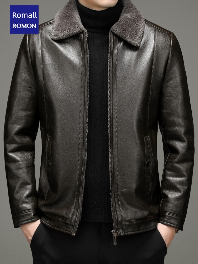 Romon leisure time Dad Costume Flannel collar man leather clothing