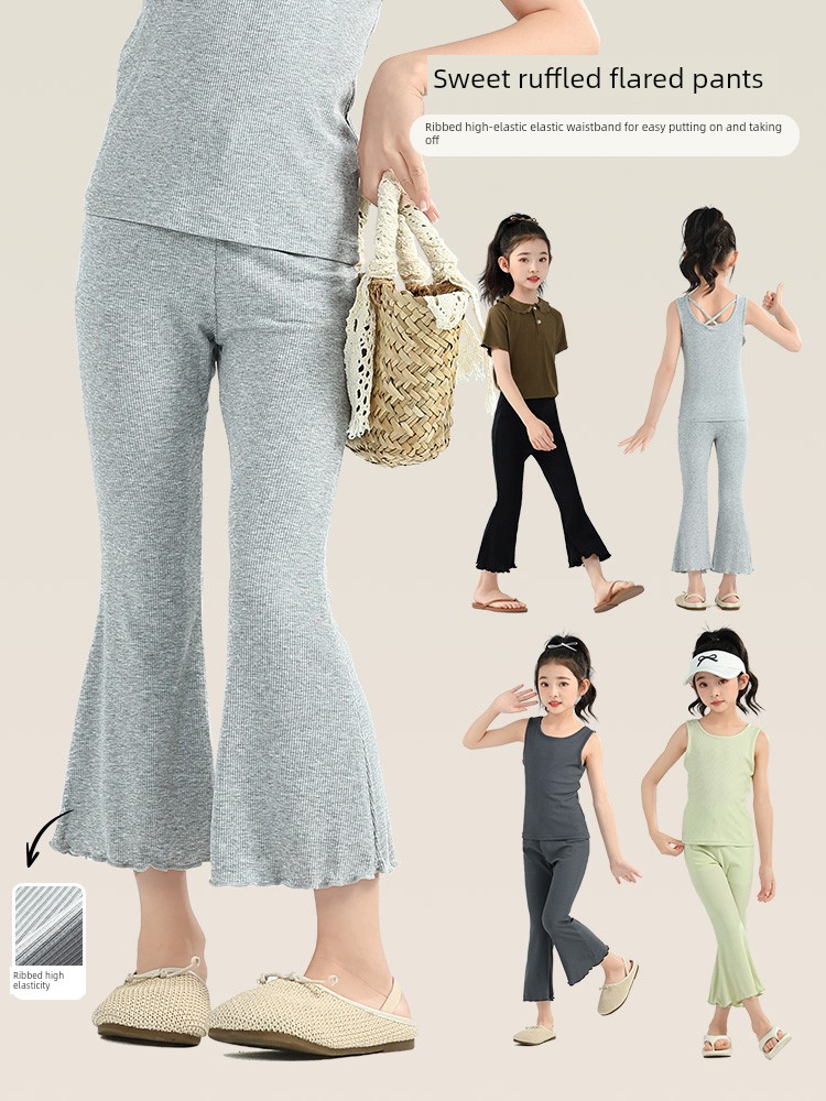 Category a Girls' Flared Pants, Summer Thin Leggings, Black Children's Cropped Pants, Modal Baby Flared Pants, White — 4