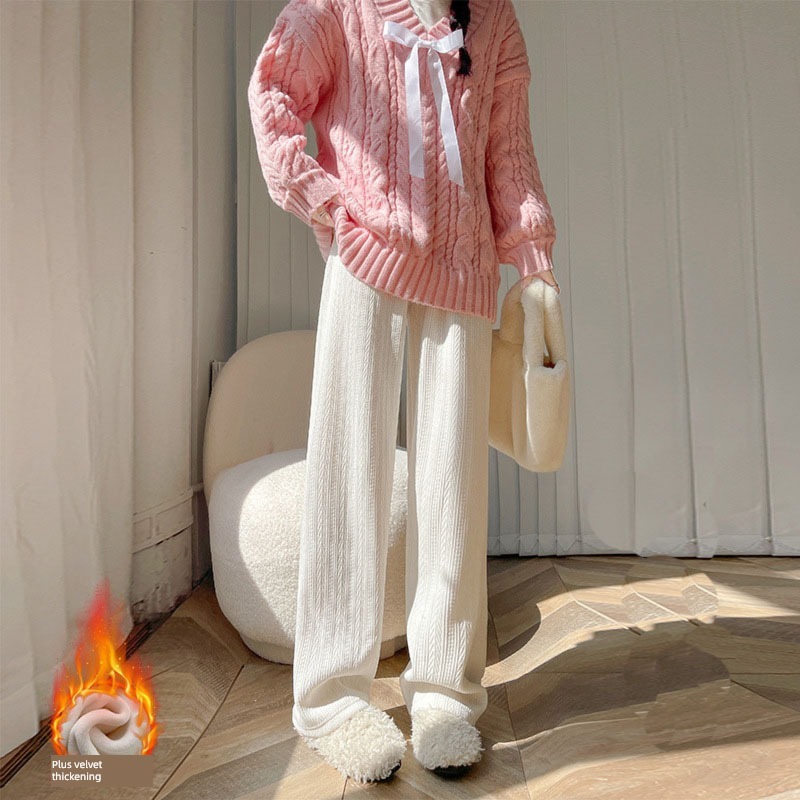 Wheat grain Knitted pants 2022 new pattern Autumn and winter Soft waxy Plush little chap leisure time Straight cylinder chenille  Wide leg pants female