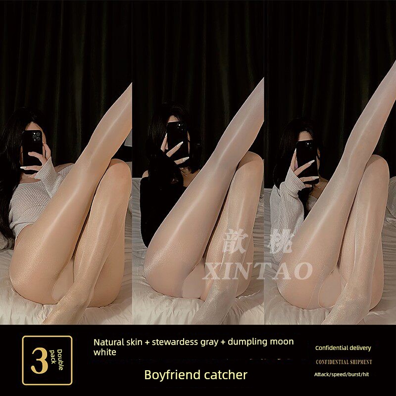 Horse Oil Stockings, Pure White Silk Pantyhose, Sexy Thin Anti-Snag Oil-Shine Black Stockings, Open-Crotch Lace — 4