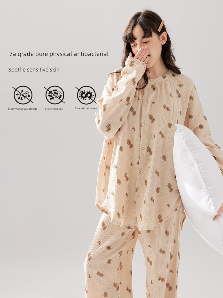 Gauze Postpartum Clothing, Summer Thin Style, Double-Layer Pure Cotton Nursing Home Wear, Breastfeeding Maternity Pajamas for Women, Spring and Autumn — 4