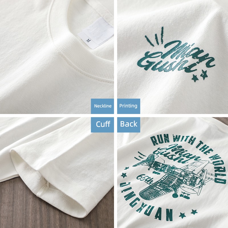 320G Pounds Short sleeve male new summer pure cotton Retro fighter printing Thick and solid Advanced sense Half sleeve just shoulder T-shirt