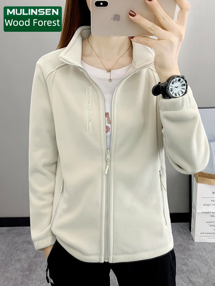 MuLinSen Autumn and winter Fleece female Solid color Fleece thickening keep warm pizex Inner bladder stand collar Windbreak loose coat