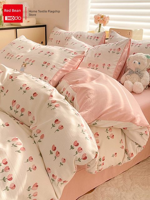 Red bean bed four-piece set of bubble yarn sheets and quilt cover 2025 new style dormitory single bedding cover three-piece set