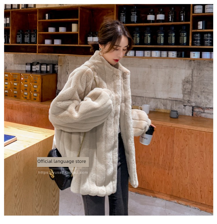 2022 Autumn and winter Imitation rabbit hair leather and fur female Medium and long term Plush clothes easy Lamb hair overcoat stand collar Maomao loose coat