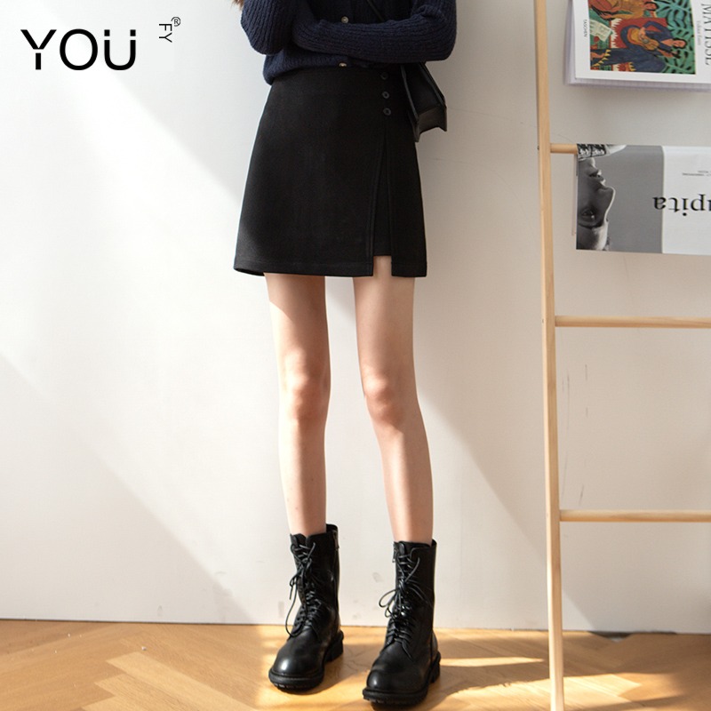 black Wool Irregular Fork Big size skirt