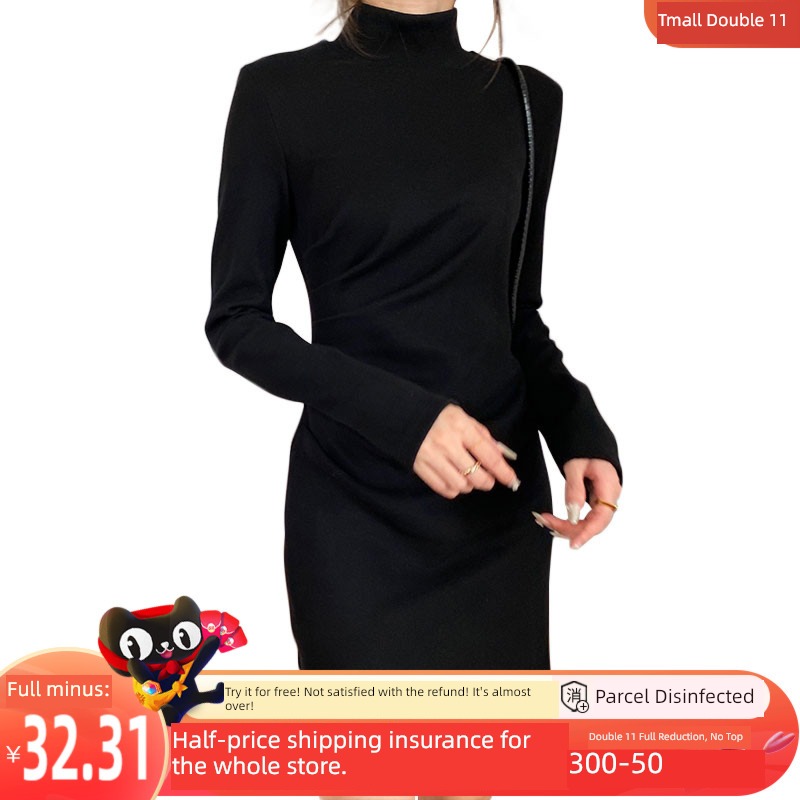 High collar knitting Close your waist Show thin black winter Wool dress