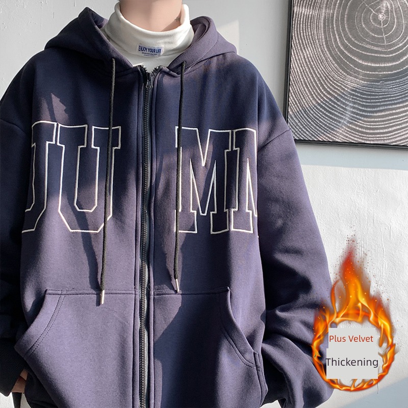 Plush thickening Cardigan Sweater male Hooded winter American style Chaopai ins letter printing teenagers easy loose coat