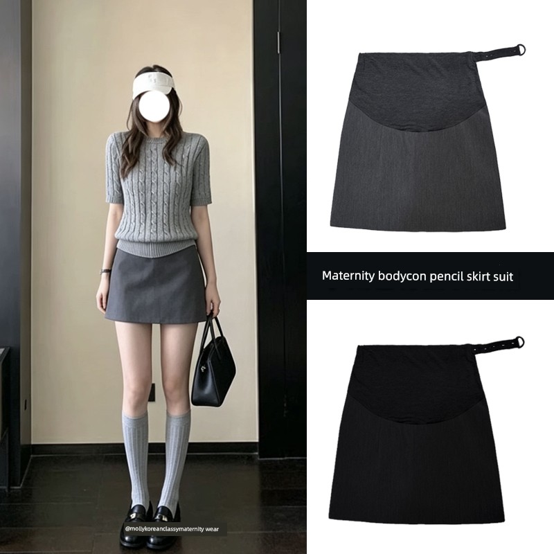 Maternity Gray Suit-Style Hip-Hugging Short Skirt for Spring and Autumn, Korean Style Slimming A-Line Skirt That Doesn'T Squeeze the Belly — 1