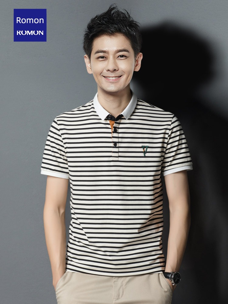 Romon Short sleeve summer easy leisure time stripe Polo shirt