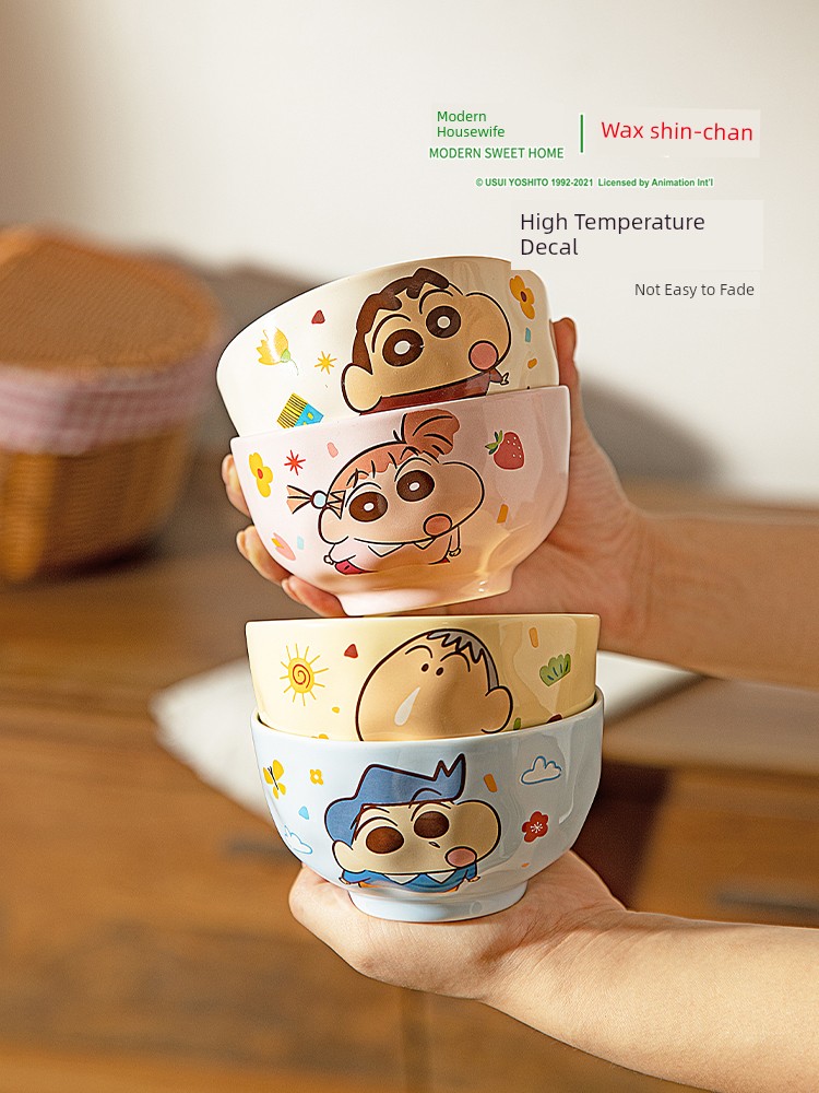 [Modern Housewife & Crayon Xiaoxin] Ceramic Rice Bowl For Home Children's Bowl Cute Dinnerware Personal Dedicated Tableware Set