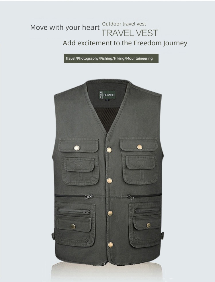 Cotton outdoors Middle aged and elderly man spring and autumn Multiple pockets Photography Vest easy vest washing pure cotton go fishing Vest