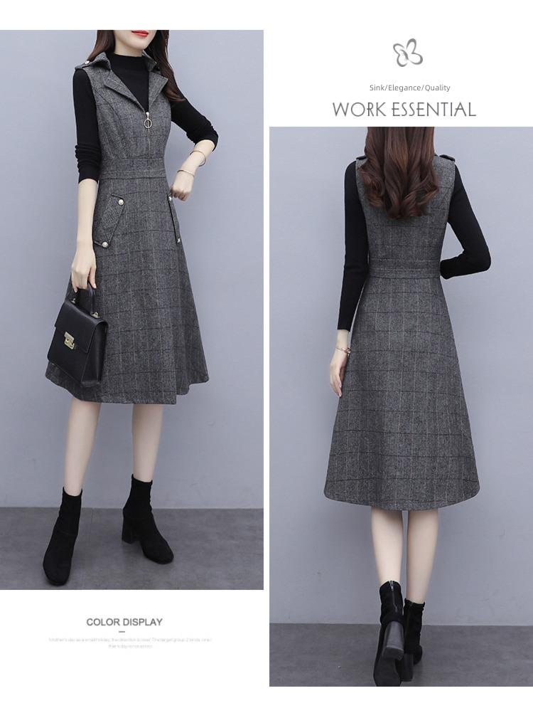 Autumn and winter Wool lattice Close your waist Show thin Dress suit