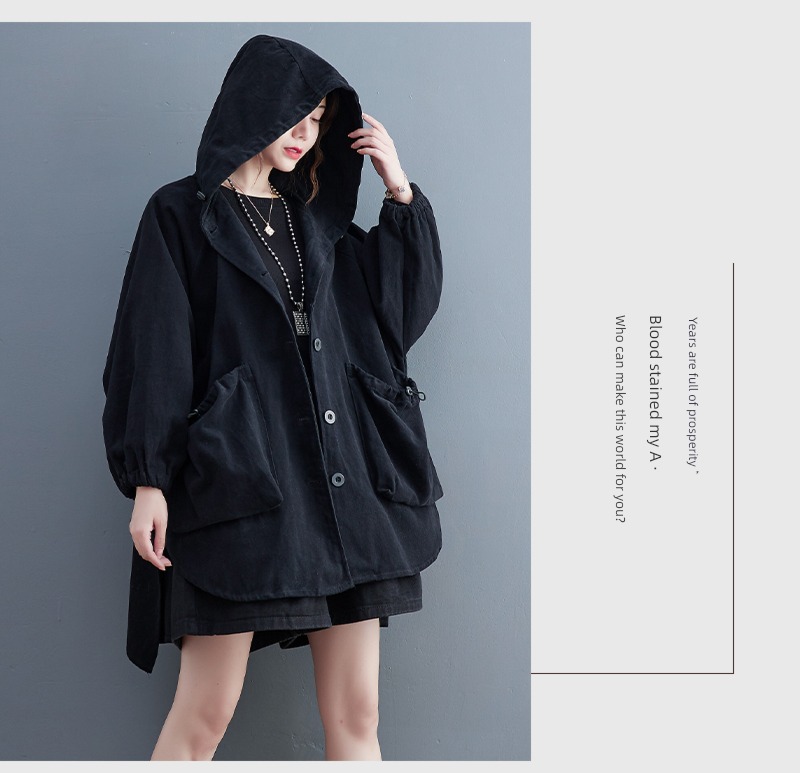 loose coat female Fattening Medium and long term leisure time Hooded loose coat