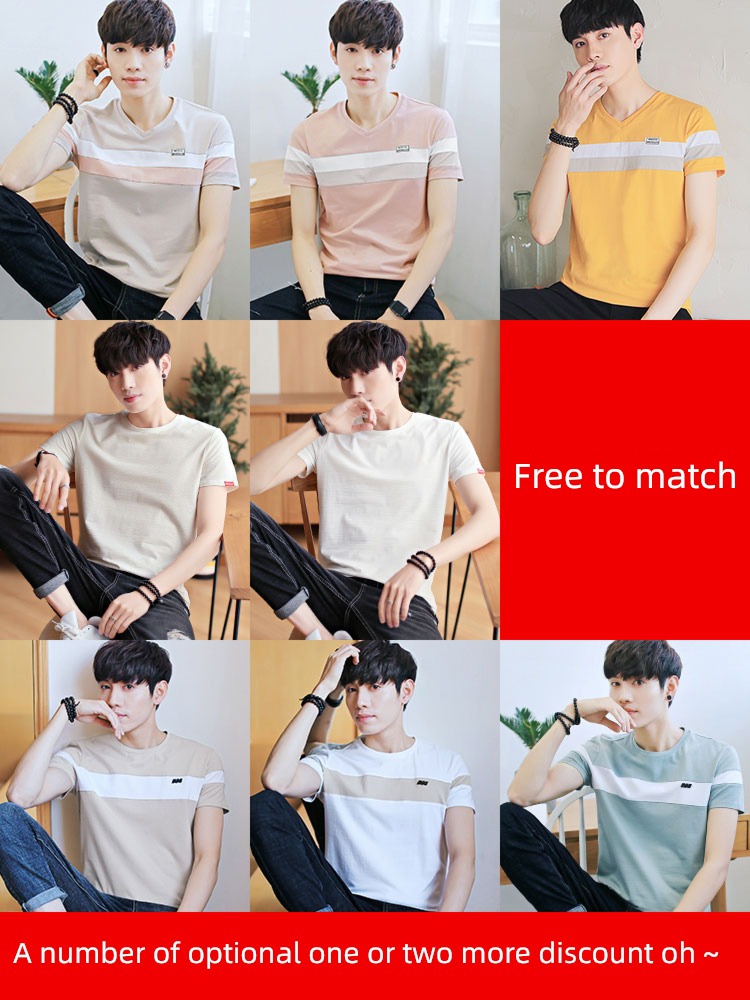 man V-collar Compassionate pure cotton easy Splicing Short sleeve