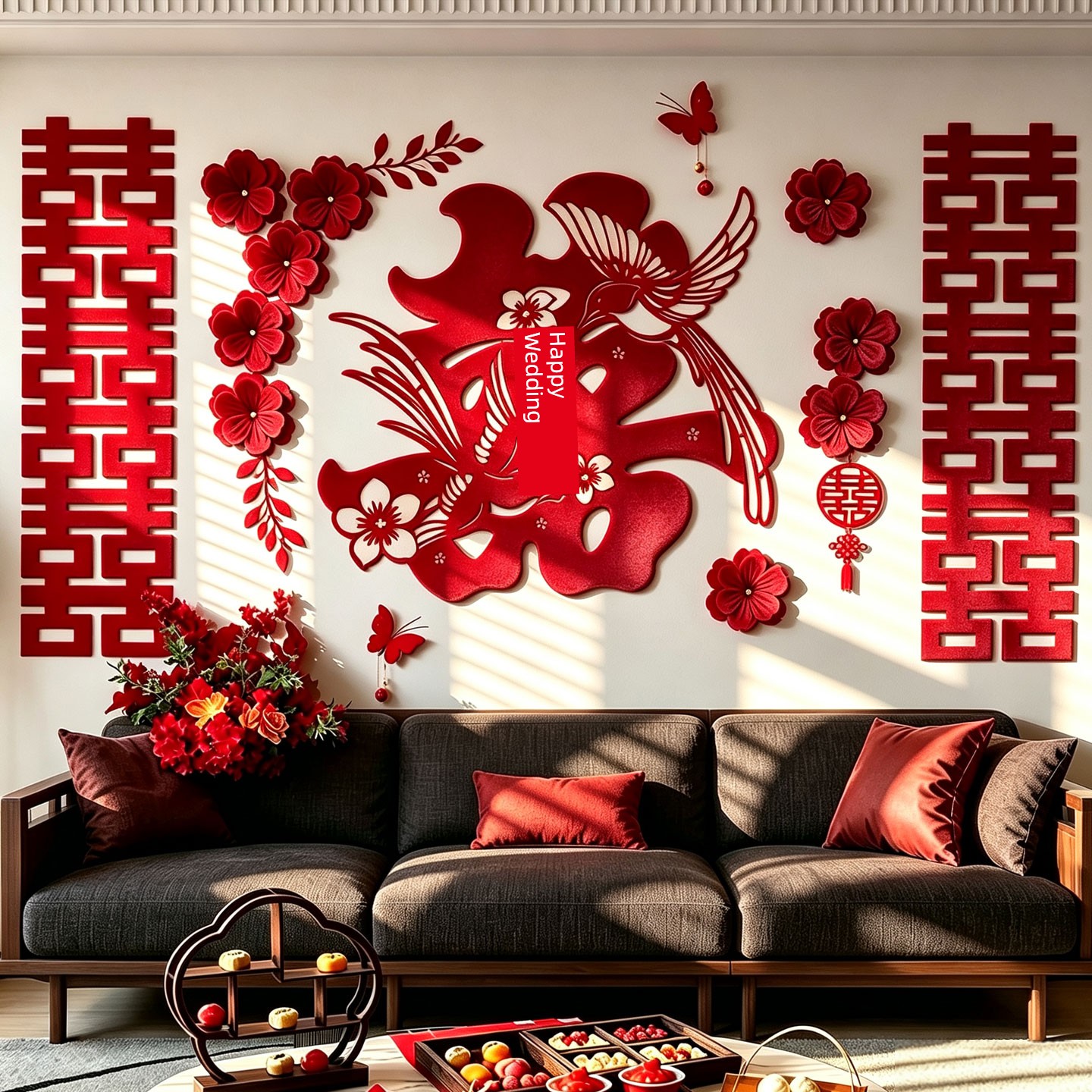 Wedding Room Decoration, New House Decoration, Groom's Living Room Sofa Background Wall Decoration, Wedding Bride's Bedroom Garland Set