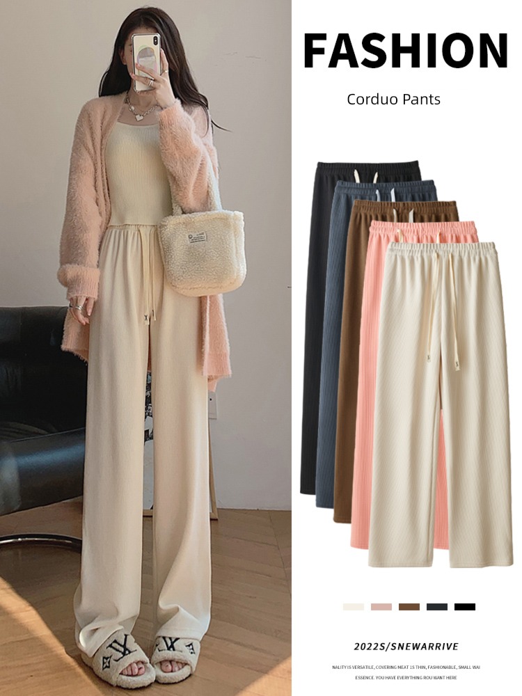 white Autumn and winter High waist leisure time Plush Wide leg pants