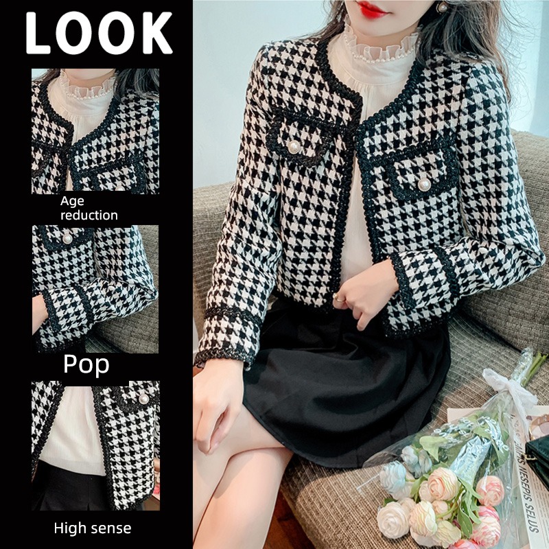 loose coat female Retro houndstooth  Tweed Autumn and winter