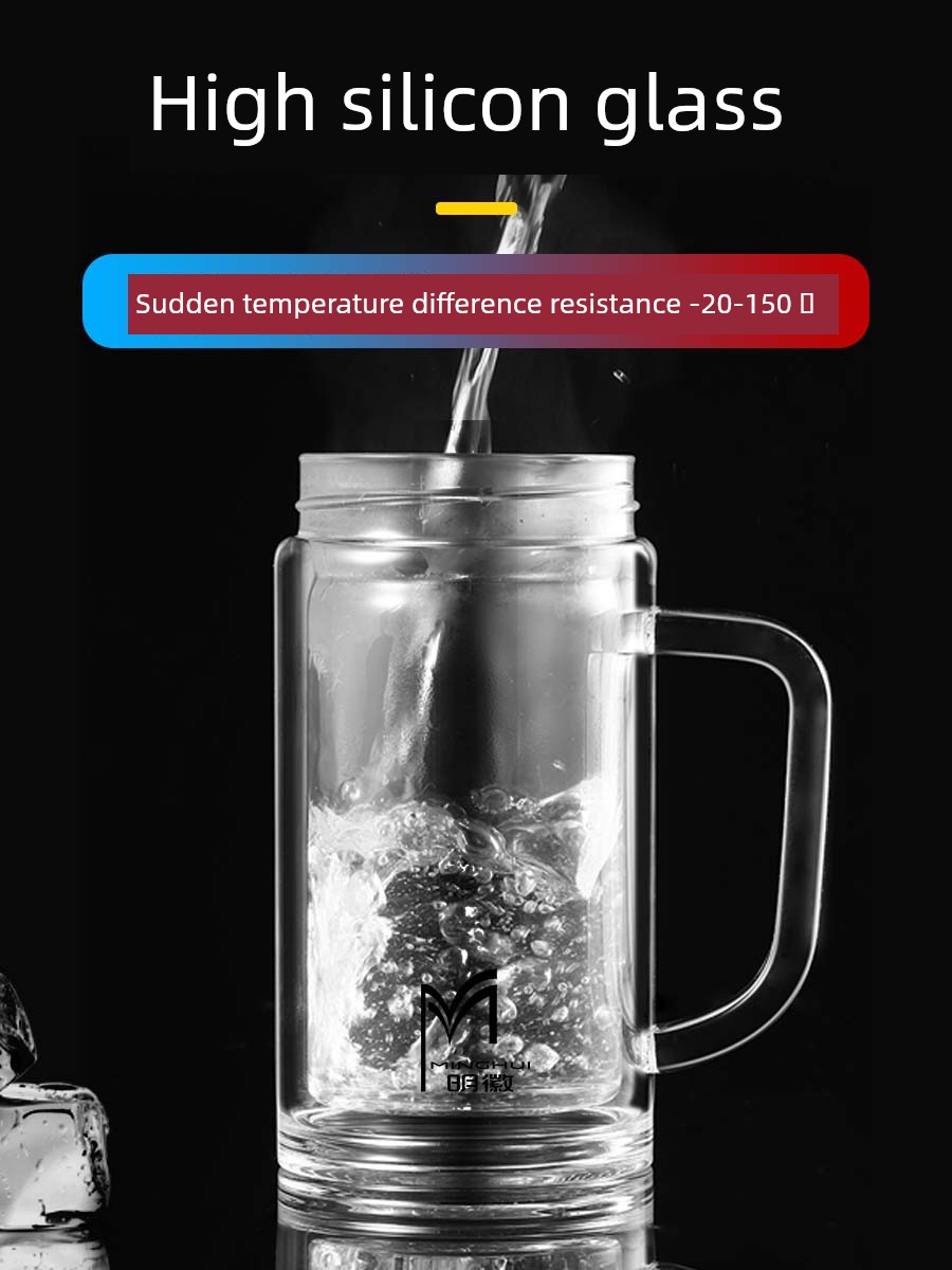 Tea Cup Double Layer Glass Cup Water Cup with Handle Office Large Capacity Tea Brewing Cup Men's Oven Mitts Borosilicate with Lid
