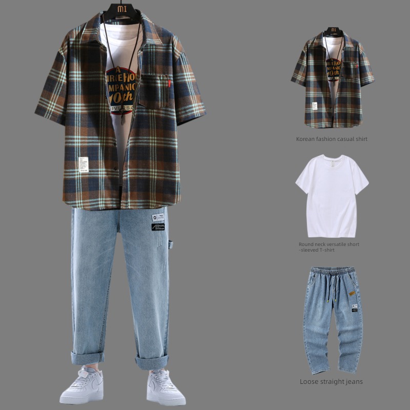 tide Short sleeve a set collocation Ruffian handsome lattice shirt
