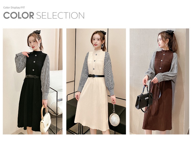houndstooth  Show thin fashion shirt sleeve knitting Dress