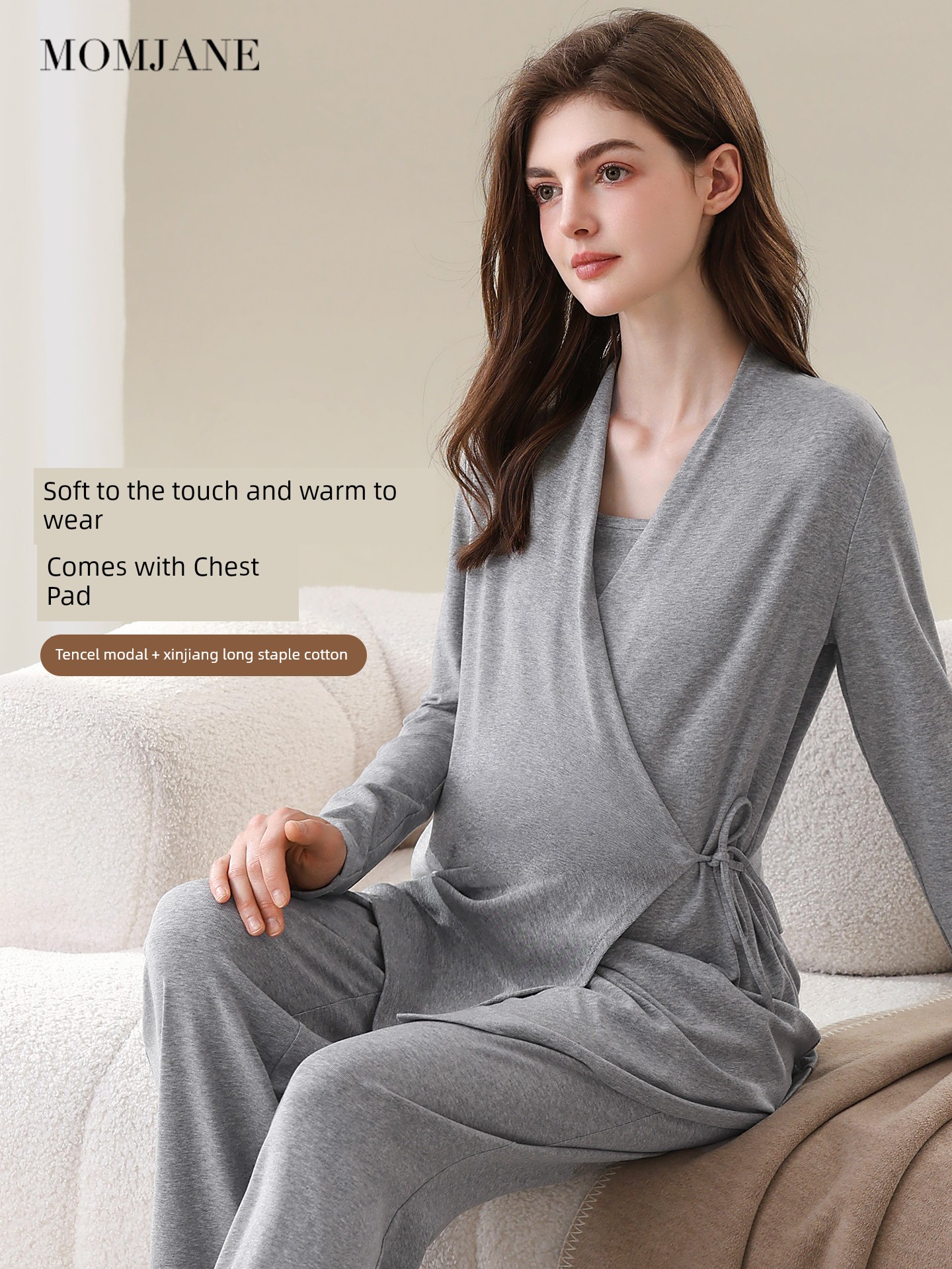 Maternity Pajamas with Breast Pads, Modal Nursing Sleepwear, Postpartum Breastfeeding Mother and Baby Loungewear Set