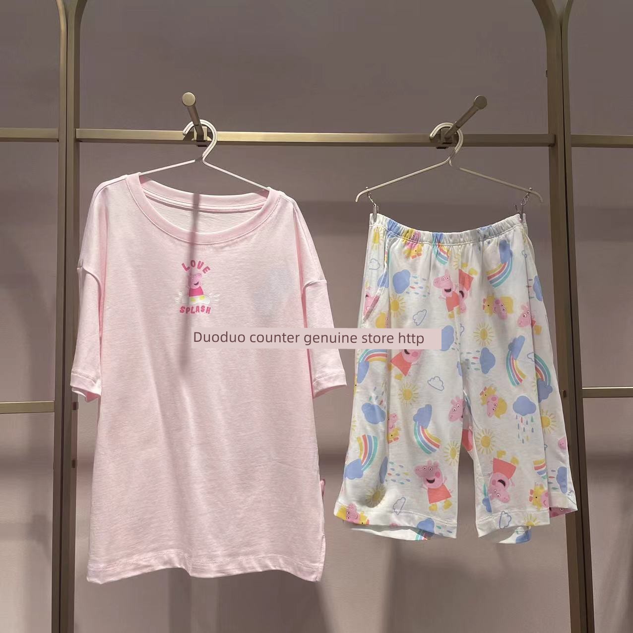 Aimer Kids Ak143E361 Peppa Pig Rainbow Rain Girls' Cotton Homewear Short Sleeve Five-Point Pants Pajamas Set