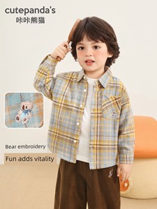 Kaka Panda Boys' Plaid Long-Sleeve Shirt Spring and Autumn Thin Jacket Children's Girls' Cotton Shirt Top
