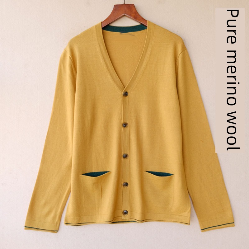 V-neck pure Merino Wool knitting Cardigan Spring