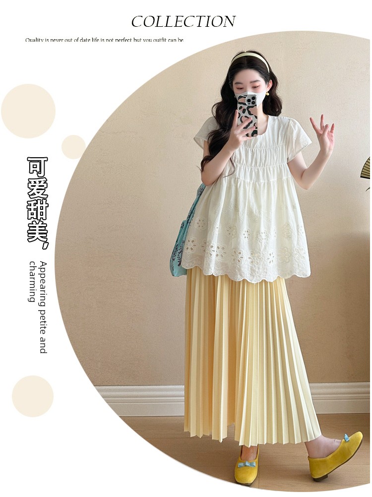Maternity Summer Outfit 2026 New Style for Pregnant Moms, High-End Lace Top and Pleated Skirt Two-Piece Set for Summer — 2