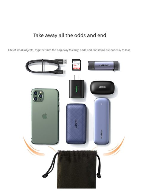 Green Connect data cable storage bag power bank storage bag charger headphones U disk mobile hard disk protection case mobile phone digital peripheral drawstring pocket carry mini velvet bag