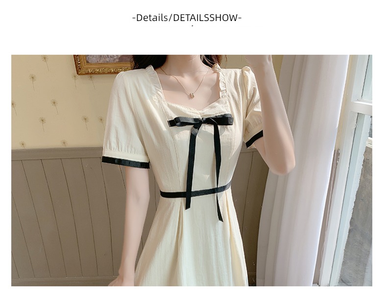 French Retro Show thin square neck Splicing A word summer wear