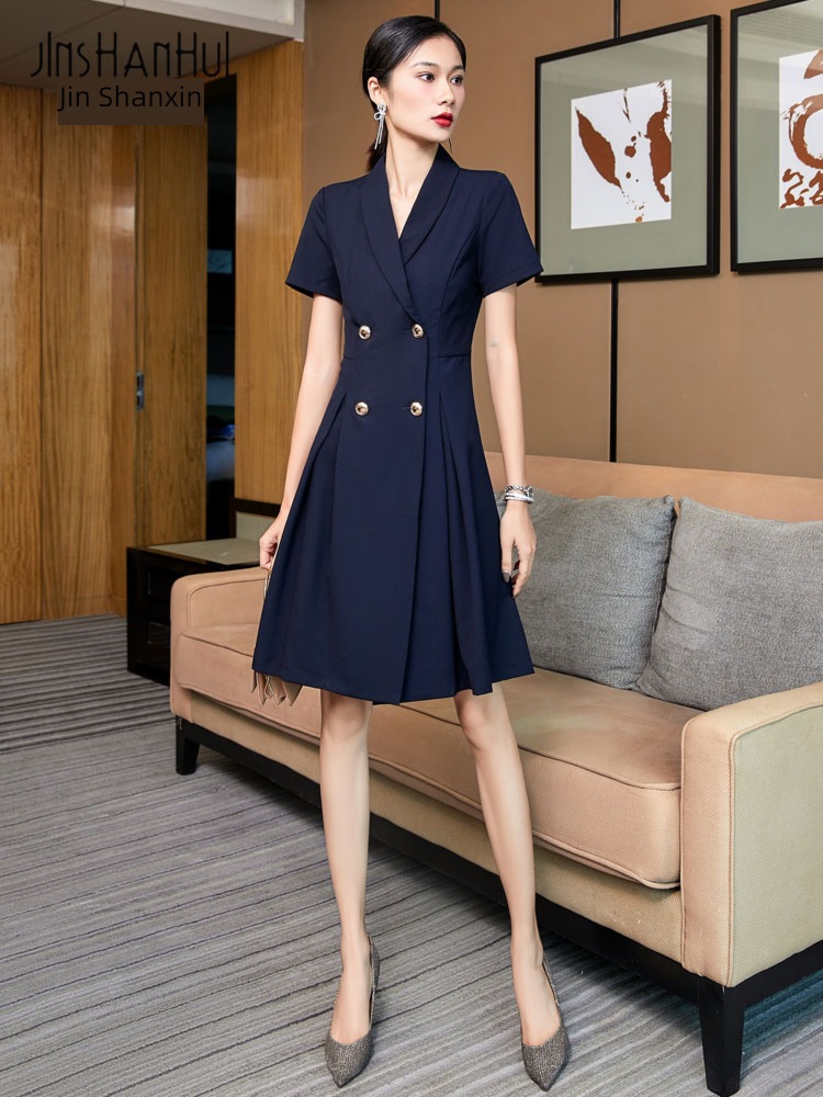 Korean version commute Short sleeve double-breasted Pleated skirt tailored collar