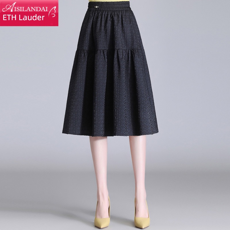 black Medium length Elastic waist Pleat Big swing skirt