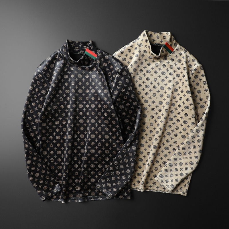 Medium high collar thickening Velvet lattice Long sleeve T-shirt